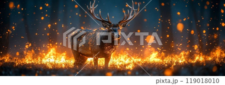 A deer stands amongst burning trees in the burning forest 119018010