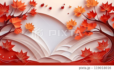 秋に色づいた紅葉の切り絵アート。秋をイメージしたバナー背景素材。 119018016
