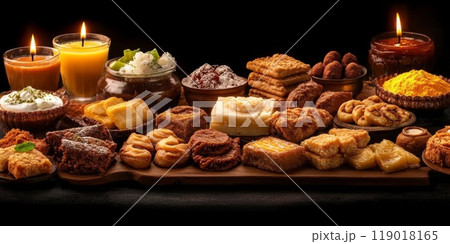 Traditional Indian sweets. Diwali festive colorful bright homemade dishes sweets 119018165