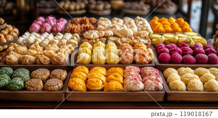 Traditional Indian sweets. Diwali festive colorful bright homemade dishes sweets 119018167
