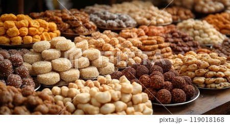 Traditional Indian sweets. Diwali festive colorful bright homemade dishes sweets 119018168