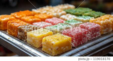 Traditional Indian sweets. Diwali festive colorful bright homemade dishes sweets 119018170