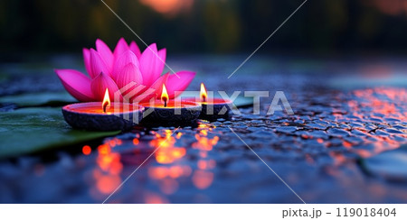 Clay Diya lamps lit during Indian Holiday Diwali, Hindu festival 119018404