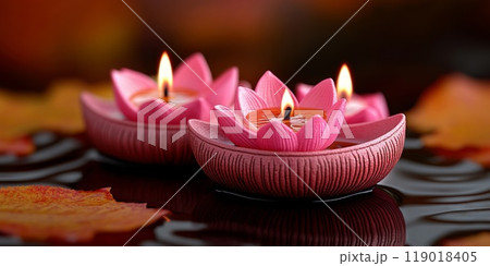 Clay Diya lamps lit during Indian Holiday Diwali, Hindu festival 119018405