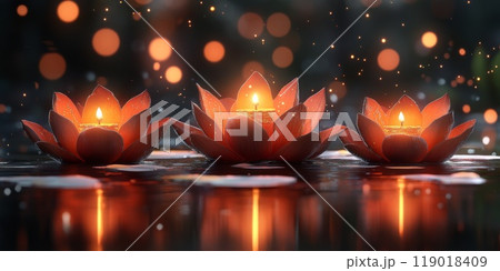 Clay Diya lamps lit during Indian Holiday Diwali, Hindu festival 119018409