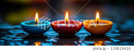 Clay Diya lamps lit during Indian Holiday Diwali, Hindu festival 119018410
