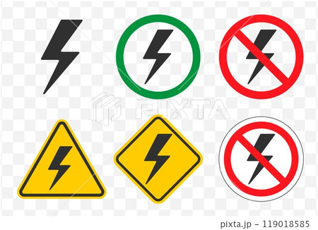 Lightning flash icon symbol set. Electric power sign. Energy light logo. No, Not allowed, prohibition. Vector illustration image. Isolated on white background. 119018585