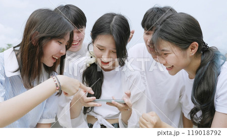 Happy young group of friends using phone and smiling together outdoor. 119018792