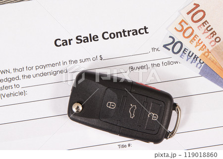 Car sale contract, car key and euro banknotes. Sales, purchases of vehicle 119018860