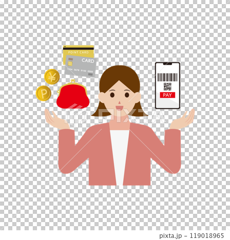 Illustration of a woman promoting cashless payment 119018965