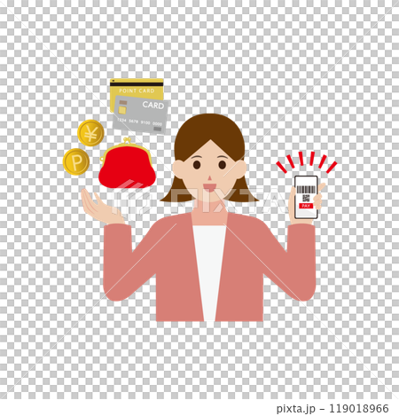 Illustration of a woman promoting cashless payment Illustration of a woman promoting cashless payment 119018966