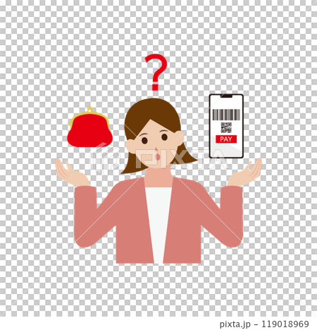 Illustration of a woman who doesn't know whether cashless payment or cash is more cost-effective 119018969