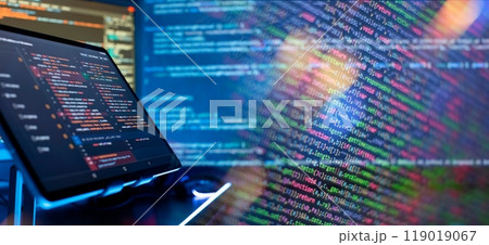 Programming code abstract screen of software developer. Coding script text on screen. 119019067