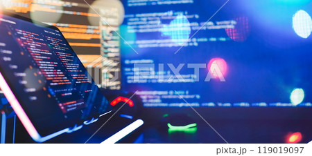 Working atmosphere of a programmer at home, IT business. Monitor closeup of function source code. Project managers Working atmosphere of a programmer at home, IT business. Monitor closeup of function source code. Project managers 119019097