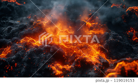 Swirling ash particles above a vibrant volcanic landscape during an eruption. Generative AI 119019153