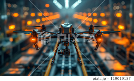 Industrial Drone Operating in Warehouse, Detailed Inspections of Machinery, Equipment. Generative AI 119019187