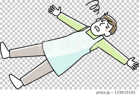 A young man wearing an apron lying down 119019191