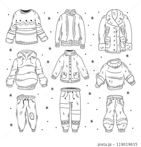 Warm clothes hand drawn doodle coloring 119019635