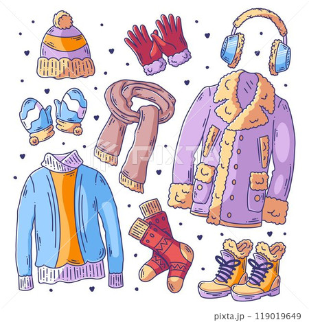 Hand drawn set of winter clothes and essentials doodle fullcolor 119019649