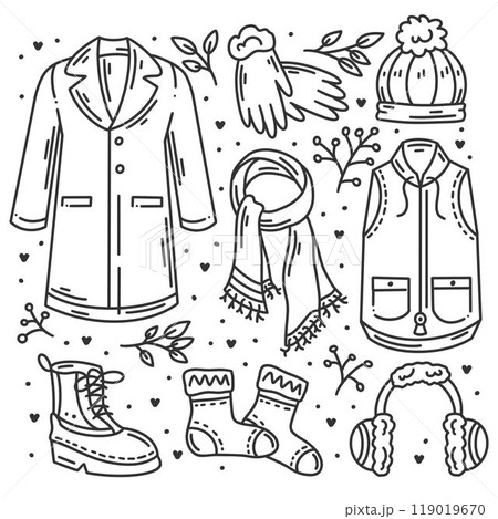 Winter cloth hand drawn doodles coloring Winter cloth hand drawn doodles coloring 119019670