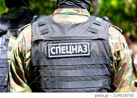 Soldier of the Special Forces in body armor. Inscription Soldier of the Special Forces in body armor. Inscription 119019730