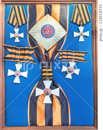 Russian Cross of St. George at the St. George ribbon. Russian Empire military award. Cross was established 1807 119019733