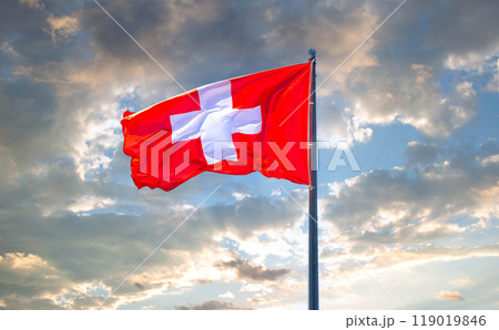Flag of Switzerland flying in the wind against a cloudy sky. 119019846