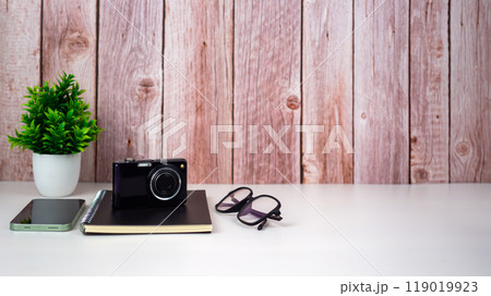 Mock up modern home decor with camera, Houseplant, Phone, Notebook, Glasses. Artist workspace with copy space for products display montage. 119019923
