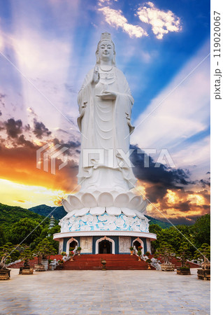 Big white statue of Lady Buddha in Da Nang in the Linh Nga Pagoda in Vietnam in Asia in summer at sunset 119020067