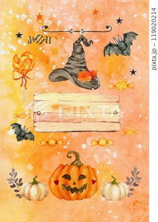 ハロウィンのカラフルなキャンディとカボチャ 119020214