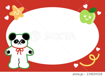 Christmas and New Year red frame with panda, red bow, heart, apple star for festive decoration, polaroid frame, banner, backdrop, winter season, animal, zoo, souvenir shop, post card, background 119020326