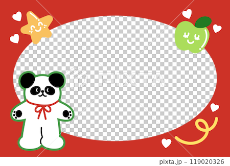 Christmas and New Year red frame with panda, red bow, heart, apple star for festive decoration, polaroid frame, banner, backdrop, winter season, animal, zoo, souvenir shop, post card, background 119020326