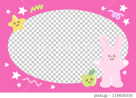 Cute pink frame with bunny, star, apple for polaroid frame, animal, zoo, social media, poster, post card, rectangle ad template, book cover, sticky note, banner, name tag, happy easter, rabbit cartoon 119020330