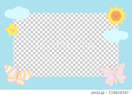 Cute pastel blue frame with butterfly, sun, stars, cloud for polaroid frame, animal, social media, post card, rectangle template, sticky note, banner, name tag, spring, summer, blossom, picnic, park Cute pastel blue frame with butterfly, sun, stars, cloud for polaroid frame, animal, social media, post card, rectangle template, sticky note, banner, name tag, spring, summer, blossom, picnic, park 119020347