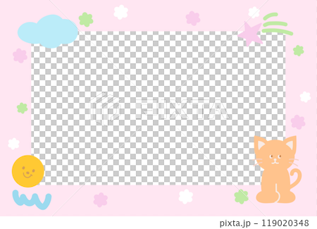 Cute pink frame with cat, stars, cloud for polaroid frame, animal, pet shop, vet, social media, post card, rectangle template, sticky note, banner, name tag, spring, summer, blossom, kitten cartoon Cute pink frame with cat, stars, cloud for polaroid frame, animal, pet shop, vet, social media, post card, rectangle template, sticky note, banner, name tag, spring, summer, blossom, kitten cartoon 119020348