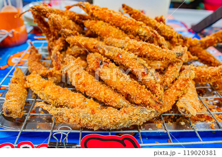 Deep fried Capelin Fish (Shishamo), Thai fried battered egg fish. 119020381