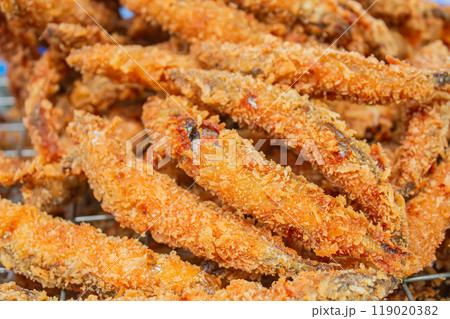 Deep fried Capelin Fish (Shishamo), Thai fried battered egg fish. 119020382