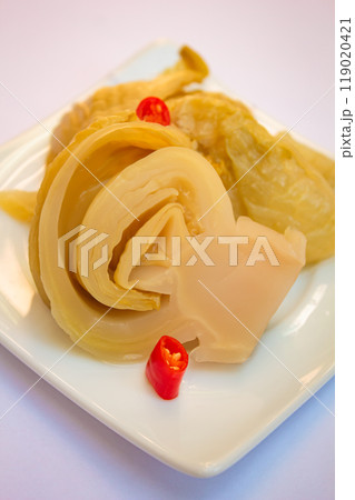 Chinese traditional food, pickled green chinese cabbage and chili thai style. 119020421