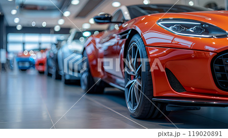 Showroom with bright modern new cars are standing in rows. Modern automobile selection in a dealership setting. Support car insurance service. Showroom with bright modern new cars are standing in rows. Modern automobile selection in a dealership setting. Support car insurance service. 119020891