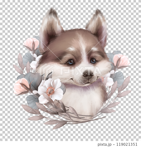 Cute dog illustration. Puppy and flowers Cute dog illustration. Puppy and flowers 119021351