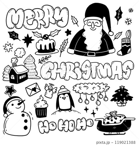 Merry Christmas Doodle with Santa, Tree, and Festive Decorations Merry Christmas Doodle with Santa, Tree, and Festive Decorations 119021388