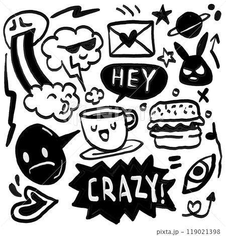 Bold Hand Drawn Doodle with Fun and Playful Elements Bold Hand Drawn Doodle with Fun and Playful Elements 119021398