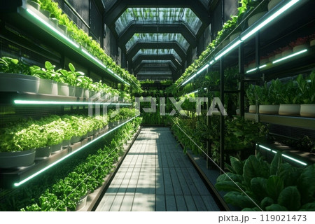 Modern indoor vertical farm is growing organic vegetables using led lights 119021473