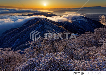 樹氷の丹沢・塔ノ岳山頂から見る朝日と表尾根・大山 樹氷の丹沢・塔ノ岳山頂から見る朝日と表尾根・大山 119021715
