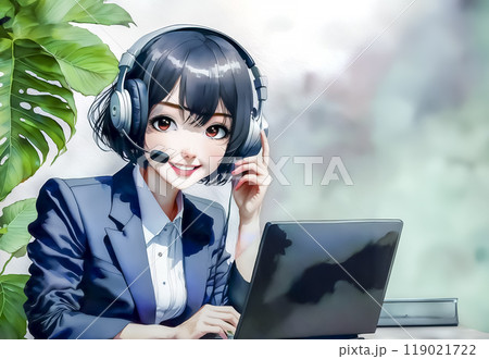ヘッドセットをつけて働く女性オペレーターのイメージ素材 119021722