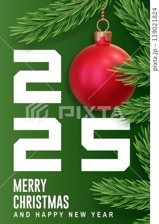 Merry Christmas greeting card or poster. Vector illustration. Christmas elegant invitation template with xmas balls and evergreen pine tree branches decoration 119021824
