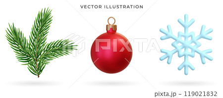 3d snowflake, Christmas ball, evergreen pine tree branches set. Vector illustration. Realistic christmas collection. Xmas decoration for New year celebration 3d snowflake, Christmas ball, evergreen pine tree branches set. Vector illustration. Realistic christmas collection. Xmas decoration for New year celebration 119021832