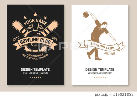 Bowling sports club poster. Vintage design with bowling pins, ball, athlete bowling shoot pins silhouette. Vector. Bowling sports club poster. Vintage design with bowling pins, ball, athlete bowling shoot pins silhouette. Vector. 119021855