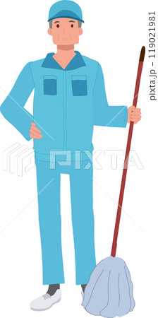 Male Cleaner, janitor Cartoon in Blue Uniform with Mop Cleaning Floors Male Cleaner, janitor Cartoon in Blue Uniform with Mop Cleaning Floors 119021981