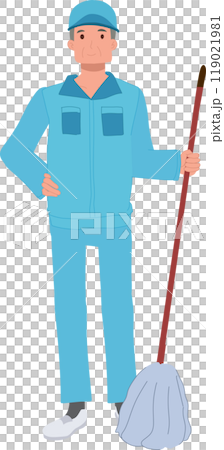 Male Cleaner, janitor Cartoon in Blue Uniform with Mop Cleaning Floors Male Cleaner, janitor Cartoon in Blue Uniform with Mop Cleaning Floors 119021981